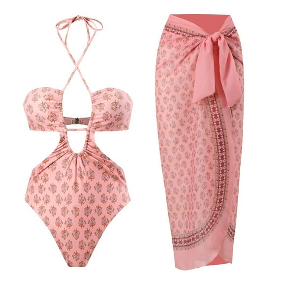 IDOPIP Women's One Piece Swimsuit with Beach Cover Up Wrap Skirt Halter Cutout Floral Print Swimsuit Set