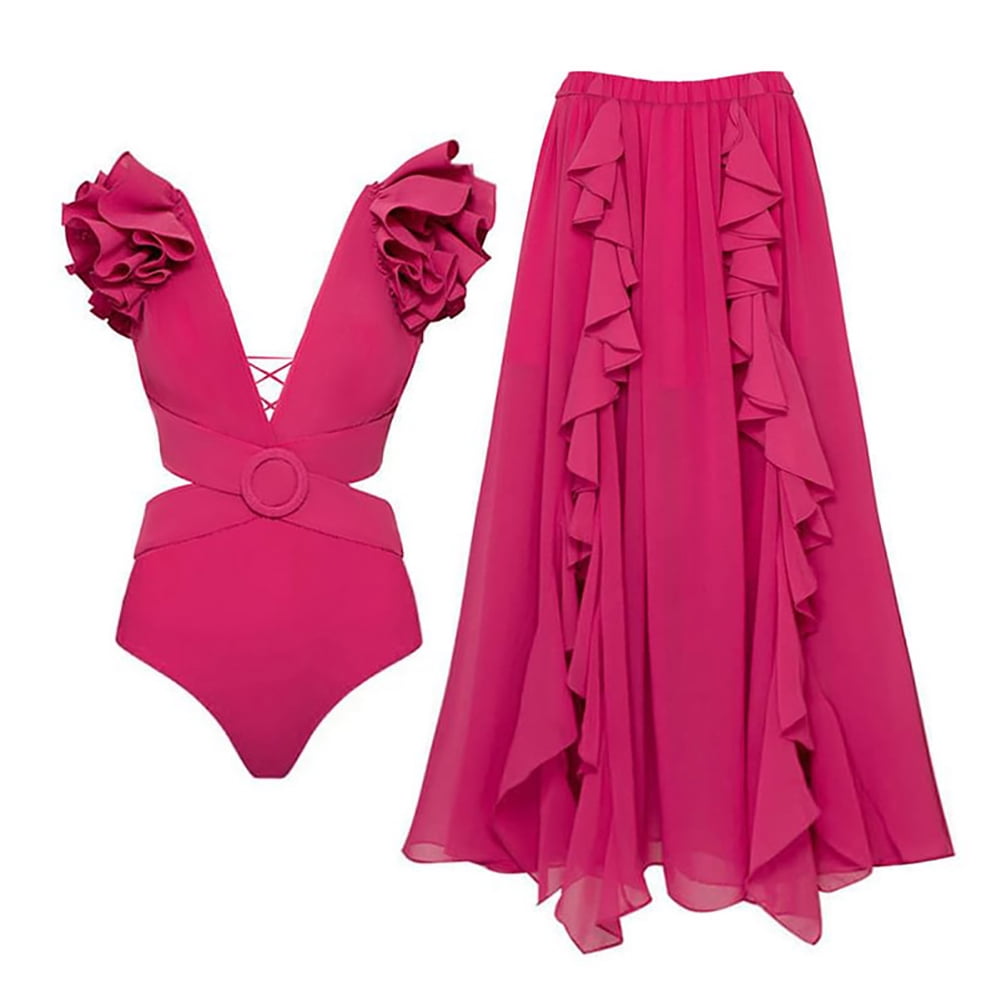 Moxidress Bow Front One-piece Swimsuit and Printed Wrap Cover Up Skirt Set main image 1