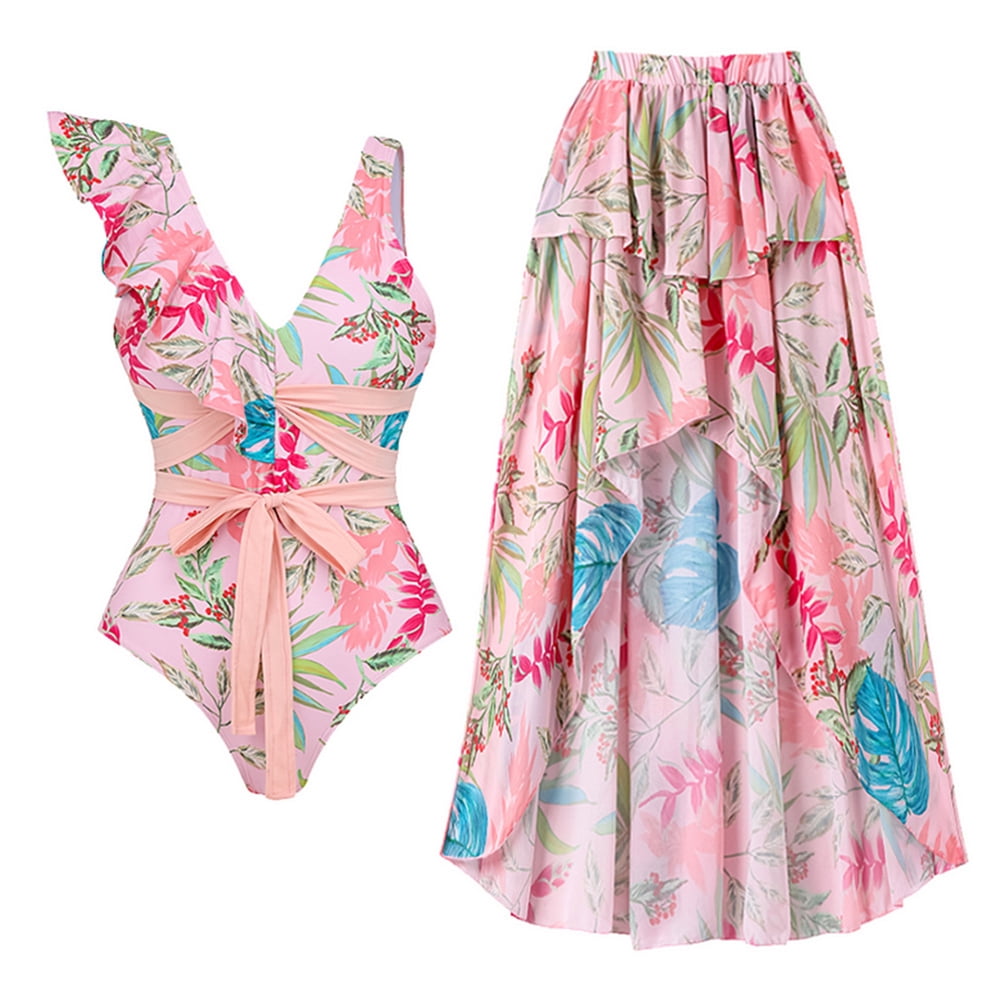 Moxidress Bow Front One-piece Swimsuit and Printed Wrap Cover Up Skirt Set main image 0