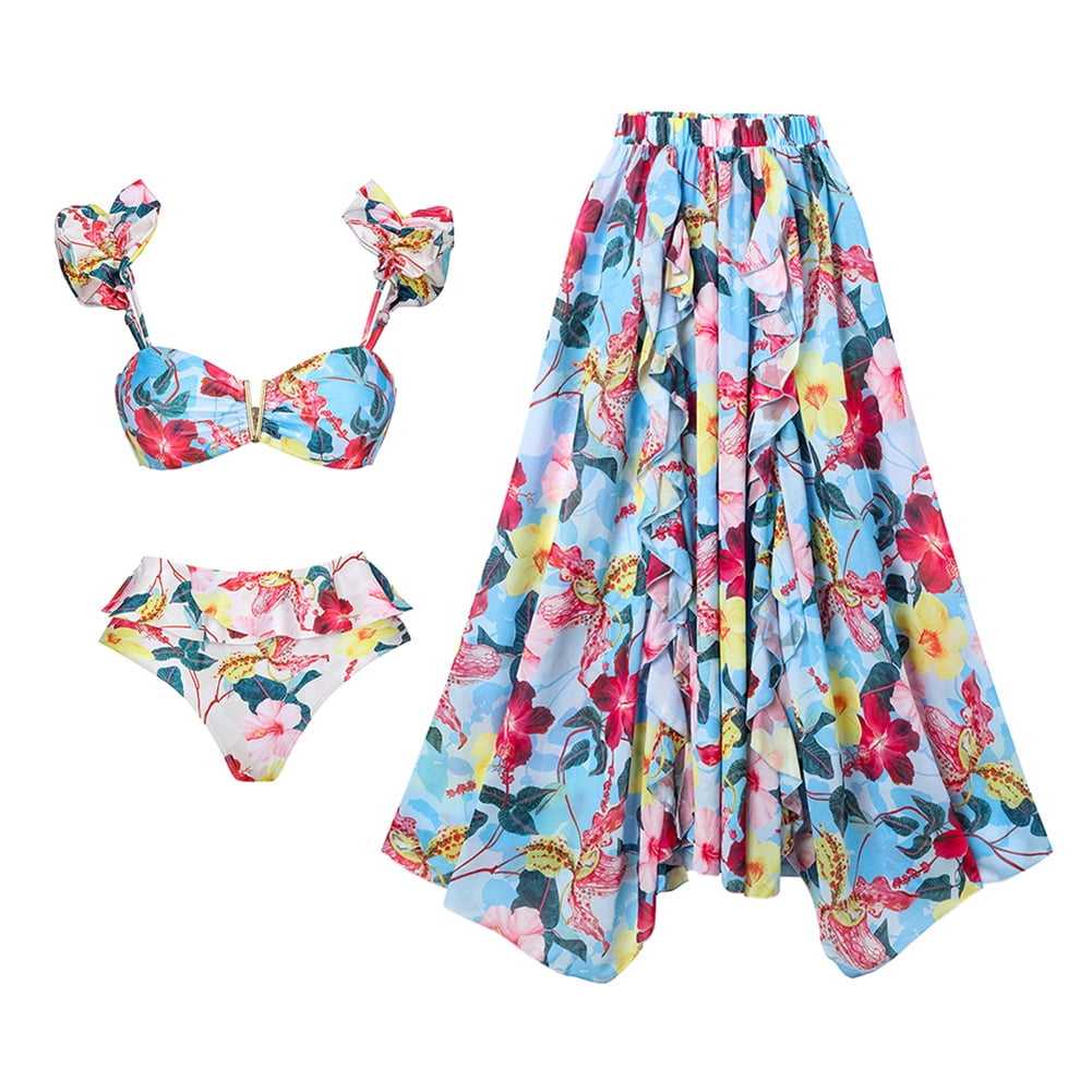Moxidress Bow Front One-piece Swimsuit and Printed Wrap Cover Up Skirt Set