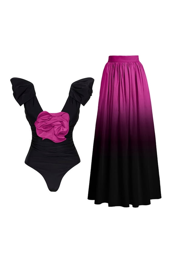 Women's One Piece Swimsuit with Cover up Skirt Retro Floral Print Swimwear Set