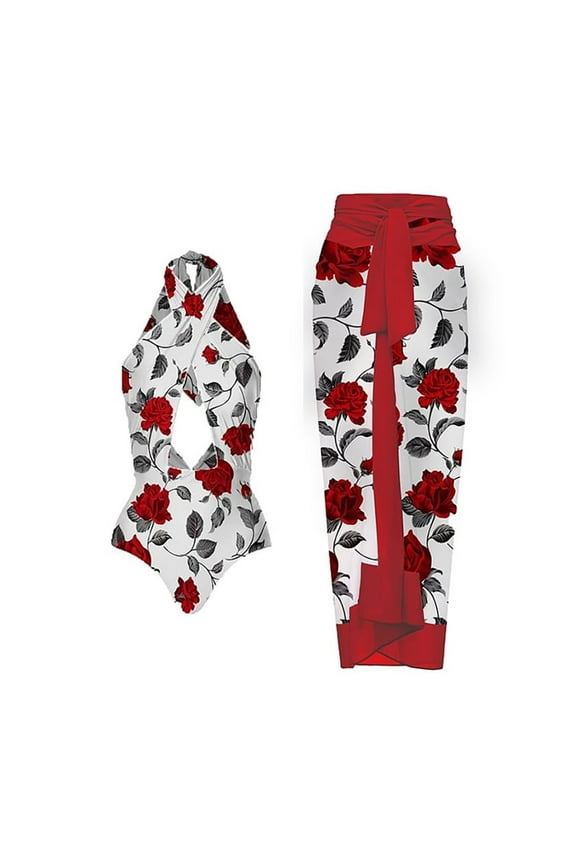 Women's One Piece Swimsuit with Cover up Skirt Retro Floral Print Swimwear Set