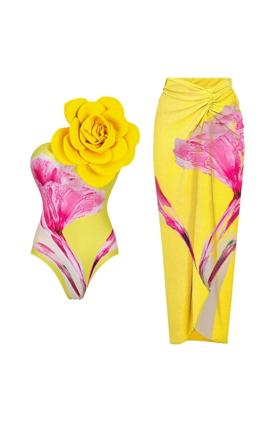 Women's One Piece Swimsuit with Cover up Wrap Skirt Floral Print Bikini Set Sexy Bathing Suits