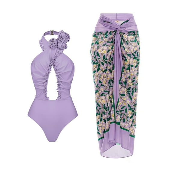 IDOPIP Women's One Piece Swimsuit with Matching Wrap Skirt Sarong Halter Floral Print Bikini Set Bathing Suits