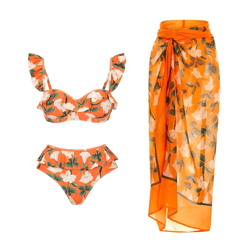 IDOPIP Women's One Piece Swimsuit with Matching Wrap Skirt Sarong Halter Floral Print Bikini Set Bathing Suits