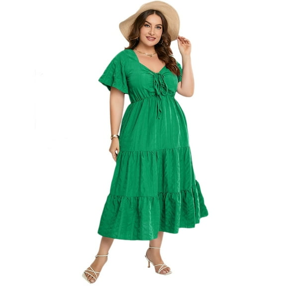 IDOPIP Women's Plus Size Summer Dress Sweetheart Neckline Short Sleeve Ruffle Hemline A Line Tiered Dress