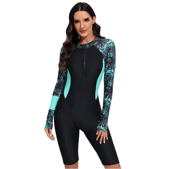 IDOPIP Women's Rash Guard One Piece Swimsuit UV Protection Surfing Tropical Printed Swimming Suit