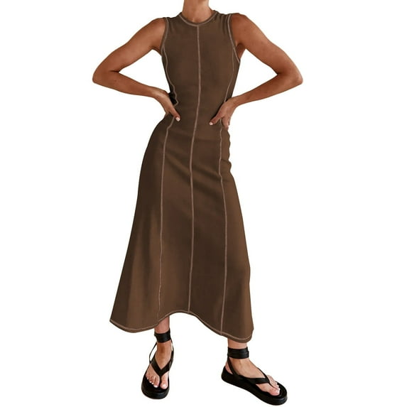 IDOPIP Women’s Sleeveless T Shirt Dress Summer Contrast Stitch Ribbed Knit Tank Maxi Dresses