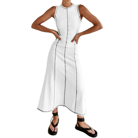 IDOPIP Women’s Sleeveless T Shirt Dress Summer Contrast Stitch Ribbed Knit Tank Maxi Dresses