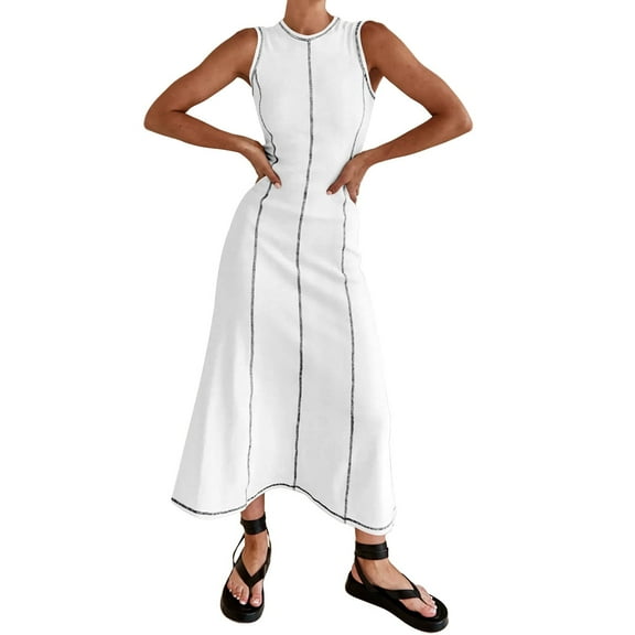 IDOPIP Women’s Sleeveless T Shirt Dress Summer Contrast Stitch Ribbed Knit Tank Maxi Dresses