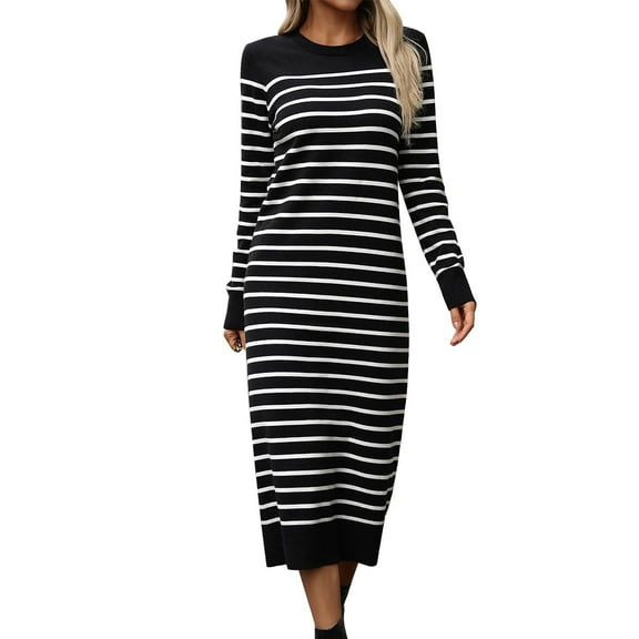 IDOPIP Womens 2024 Fall Striped Sweater Dresses Long Sleeve Crew Neck Slim Knit Midi Dress L Black