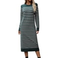thumbnail image 1 of IDOPIP Womens 2024 Fall Striped Sweater Dresses Long Sleeve Crew Neck Slim Knit Midi Dress L Green, 1 of 7