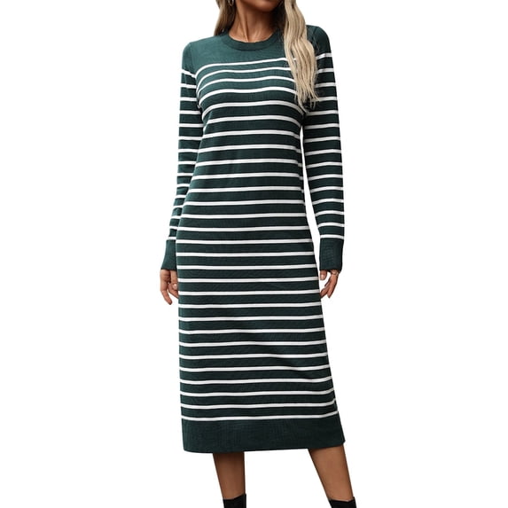 IDOPIP Womens 2024 Fall Striped Sweater Dresses Long Sleeve Crew Neck Slim Knit Midi Dress L Green