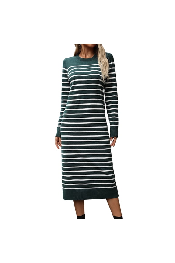 Womens 2024 Fall Striped Sweater Dresses Long Sleeve Crew Neck Slim Knit Midi Dress L Green