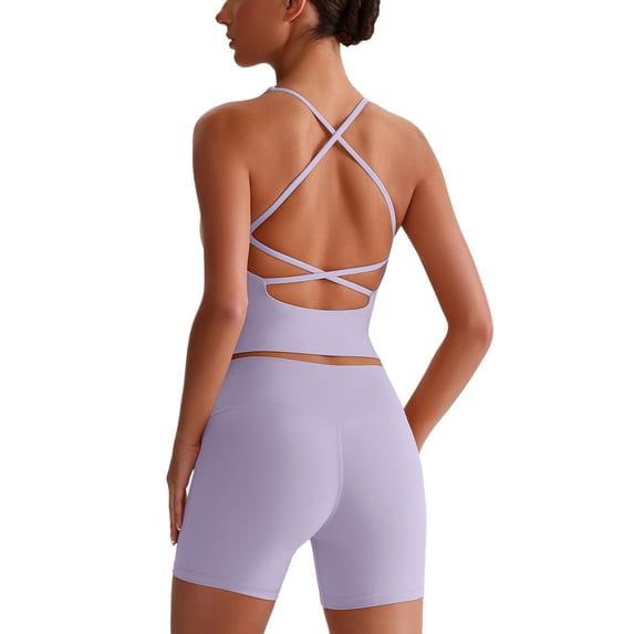 IDOPIP Womens Cross Back Athletic Tank Tops with Bulit in Bra V Neck Longline Sports Gym Bra Workout Yoga Pilates Tops
