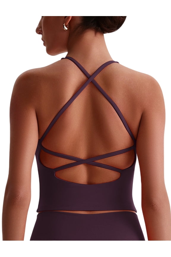 Womens Cross Back Athletic Tank Tops with Bulit in Bra V Neck Longline Sports Gym Bra Workout Yoga Pilates Tops