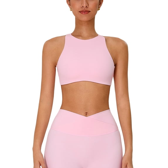 IDOPIP Womens High Neck Sports Bra Removable Pads Cut Out Back Sleeveless Medium-impact for Workout Gym Yoga Pilates Athletic S Pink