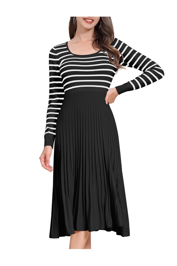 Womens Long Sleeve Striped Midi Dresses 2024 Square Neck Ribbed Knit Pleated A Line Sweater Dress