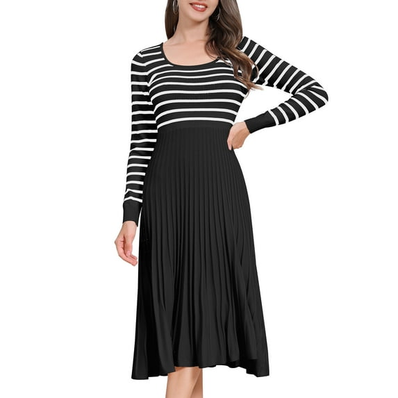 IDOPIP Womens Long Sleeve Striped Midi Dresses 2024 Square Neck Ribbed Knit Pleated A Line Sweater Dress