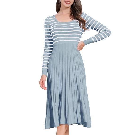 IDOPIP Womens Long Sleeve Striped Midi Dresses 2024 Square Neck Ribbed Knit Pleated A Line Sweater Dress
