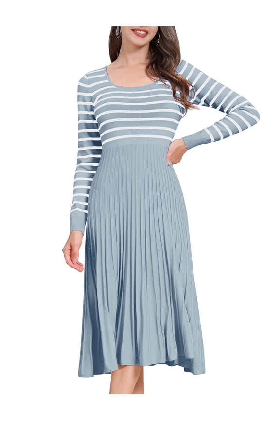 Womens Long Sleeve Striped Midi Dresses 2026 Square Neck Ribbed Knit Pleated A Line Dress