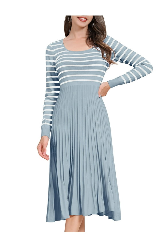 Womens Long Sleeve Striped Midi Dresses 2024 Square Neck Ribbed Knit Pleated A Line Sweater Dress