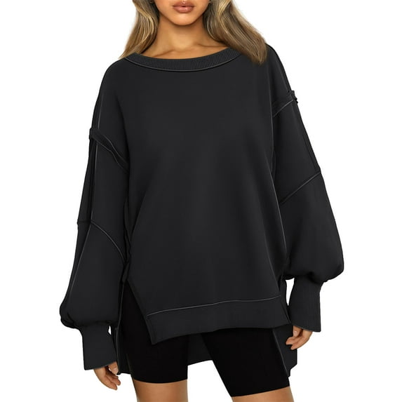 IDOPIP Womens Oversized Crewneck Sweatshirts Long Sleeve Side Slits Pullover Tops 2024 Fall Clothes