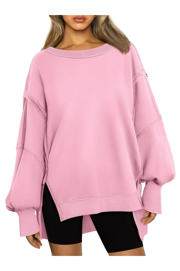 Womens Oversized Crewneck Sweatshirts Long Sleeve Side Slits Pullover Tops 2024 Fall Clothes