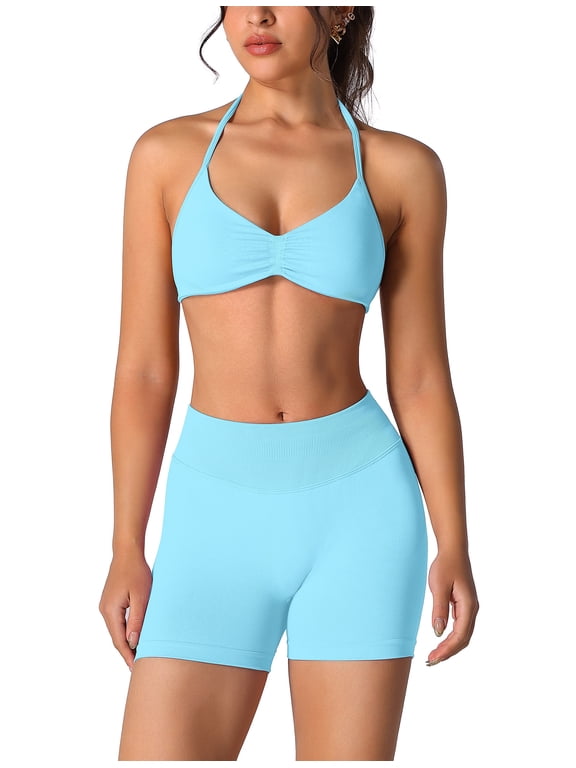 Womens Seamless Workout Sets 2 Piece Strappy Halter Sports Bra Scrunch Butt Shorts Gym Yoga Outfits