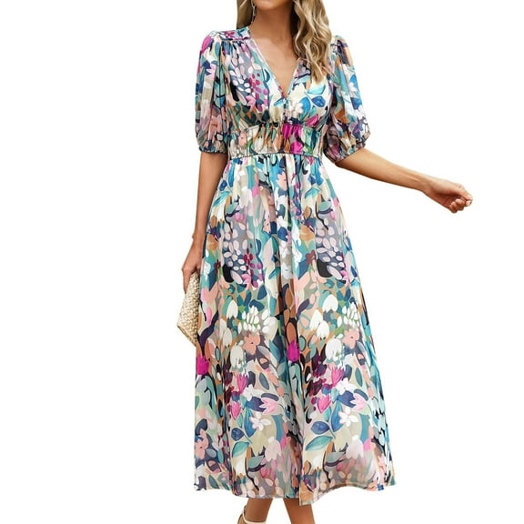 IDOPIP Womens Summer Short Sleeve V Neck Wrap Maxi Dress Casual Boho Floral Wedding Guest Dresses