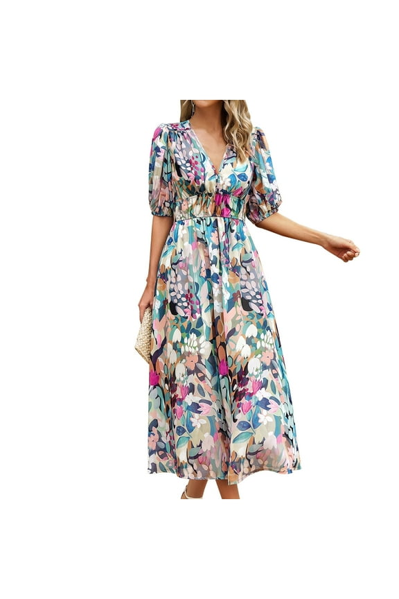 Womens Summer Short Sleeve V Neck Wrap Maxi Dress Casual Boho Floral Wedding Guest Dresses