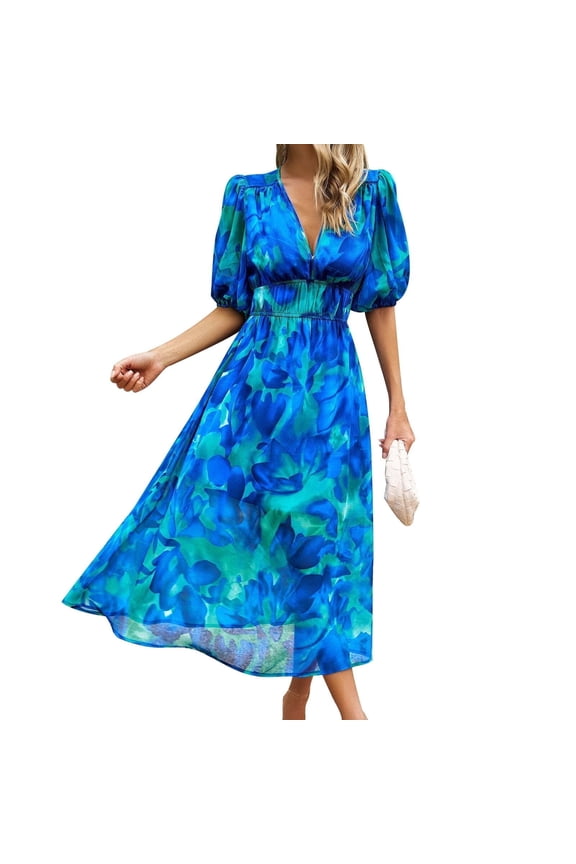 IDOPIP Womens Summer Short Sleeve V Neck Wrap Maxi Dress Casual Boho Floral Wedding Guest Dresses