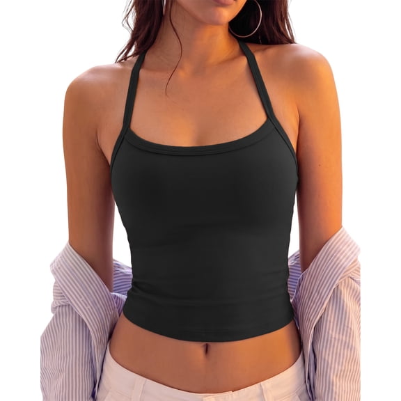 IDOPIP Womens Tank Top Built in Bra Yoga Workout Tops Crop Halter Neck Womens Padded Sport Back Bras Cami Athletic Gym Cropped Tanks Spaghetti Strap Woman Backless Running Camisole
