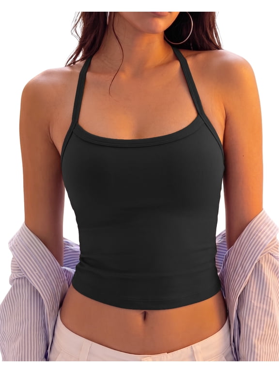 Womens Tank Top Built in Bra Yoga Workout Tops Crop Halter Neck Womens Padded Sport Back Bras Cami Athletic Gym Cropped Tanks Spaghetti Strap Woman Backless Running Camisole