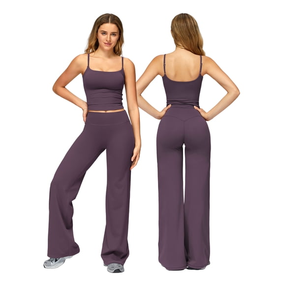 IDOPIP Womens Workout Sets 2 Piece Spaghetti Straps Square Neck Crop Top Straight Butt-lifting Leg Yoga Pants Pilates Outfits