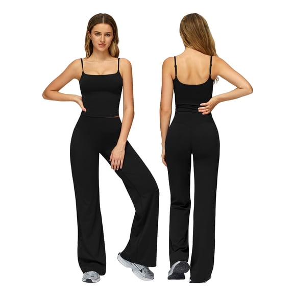 IDOPIP Womens Workout Sets 2 Piece Spaghetti Straps Square Neck Crop Top Straight Butt-lifting Leg Yoga Pants Pilates Outfits