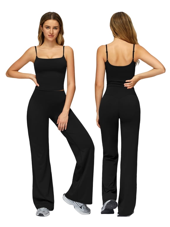 Womens Workout Sets 2 Piece Spaghetti Straps Square Neck Crop Top Straight Butt-lifting Leg Yoga Pants Pilates Outfits