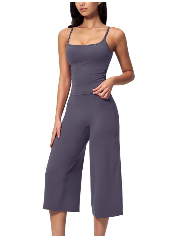 Workout Sets for Women Two Piece Halter Tank Top Sports Bra Matching Wide Leg Capri Flared Gauchos Pants Gym Cropped Leggings Athletic Running Work Yoga Pilates Outfits