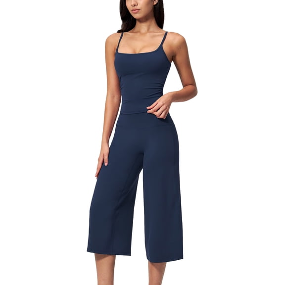 IDOPIP Workout Sets for Women Two Piece Halter Tank Top Sports Bra Matching Wide Leg Capri Flared Gauchos Pants Gym Cropped Leggings Athletic Running Work Yoga Pilates Outfits