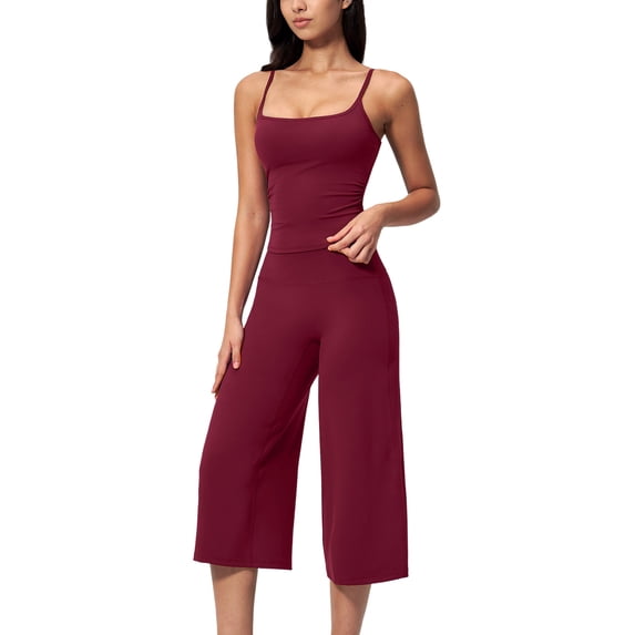 IDOPIP Workout Sets for Women Two Piece Halter Tank Top Sports Bra Matching Wide Leg Capri Flared Gauchos Pants Gym Cropped Leggings Athletic Running Work Yoga Pilates Outfits