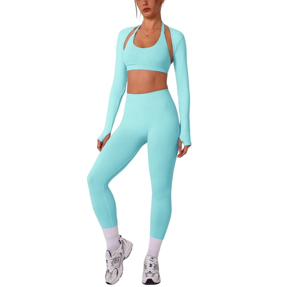 IDOPIP Workout Sets for Women 3 Piece Long Sleeve Shrug with Seamless Halter Sports Bra High Waist Leggings Gym Yoga Active Outfits S Mint Green