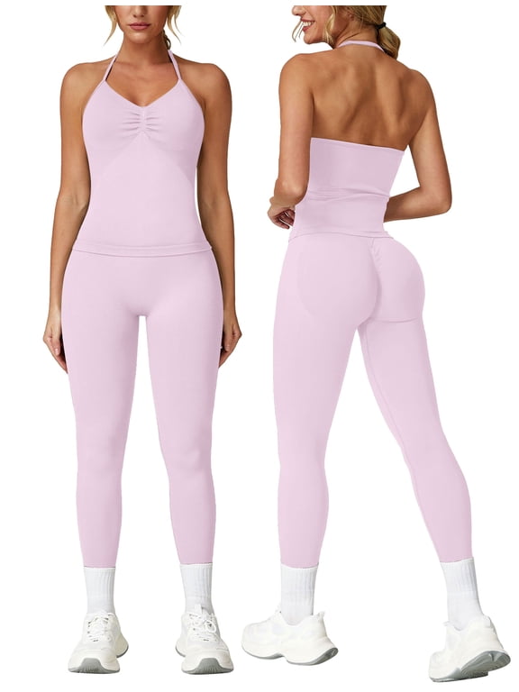 Workout Sets for Women Seamless Scunch Butt Lifting Impact Leggings Longline Strappy Halter Sports Bra Top 2 Piece Gym Active Outfits