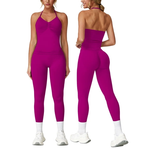 IDOPIP Workout Sets for Women Seamless Scunch Butt Lifting Impact Leggings Longline Strappy Halter Sports Bra Top 2 Piece Gym Active Outfits
