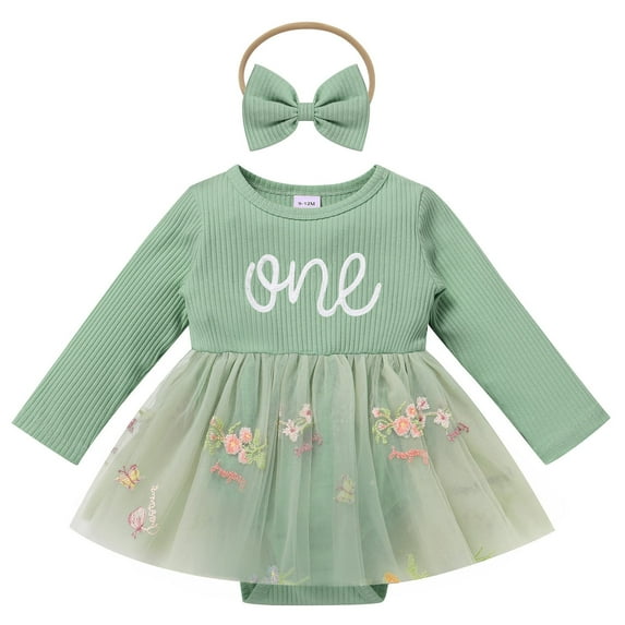 IDOPIP Baby Girl 1st Birthday Outfit Winter Floral Tulle Romper Dress + Headband