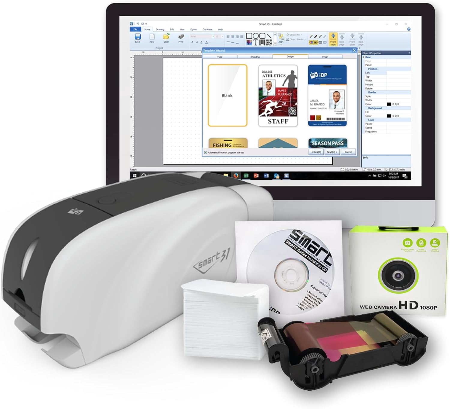 IDP SMART-31D Duplex ID Card Printer Bundle: Includes Printer, Color Ribbon, 100 Cards, Software and USB Web Camera (23 sec/card YMCKO) (5 sec/card Mono) (300 dpi) (USB)