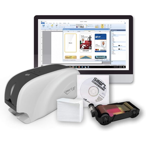 IDP SMART-31S ID Card Printer Kit: Includes Printer, Color Ribbon, 100 Cards and Software (23 sec/card YMCKO) (5 sec/card Mono) (300 dpi) (USB)