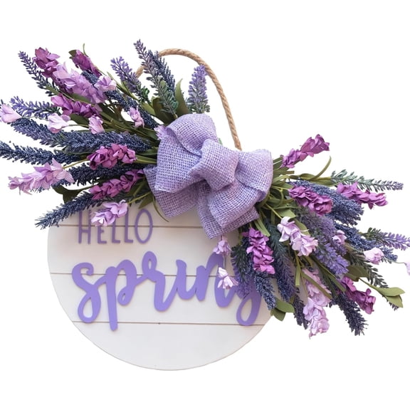 IDYLLIC Hello Spring Front Door Wreath, Wooden Lavender And Purple Flower Cluster Sign, Farmhouse Hanging Wall Decor For Indoor Outdoor Entryway, Porch, Or Living Room