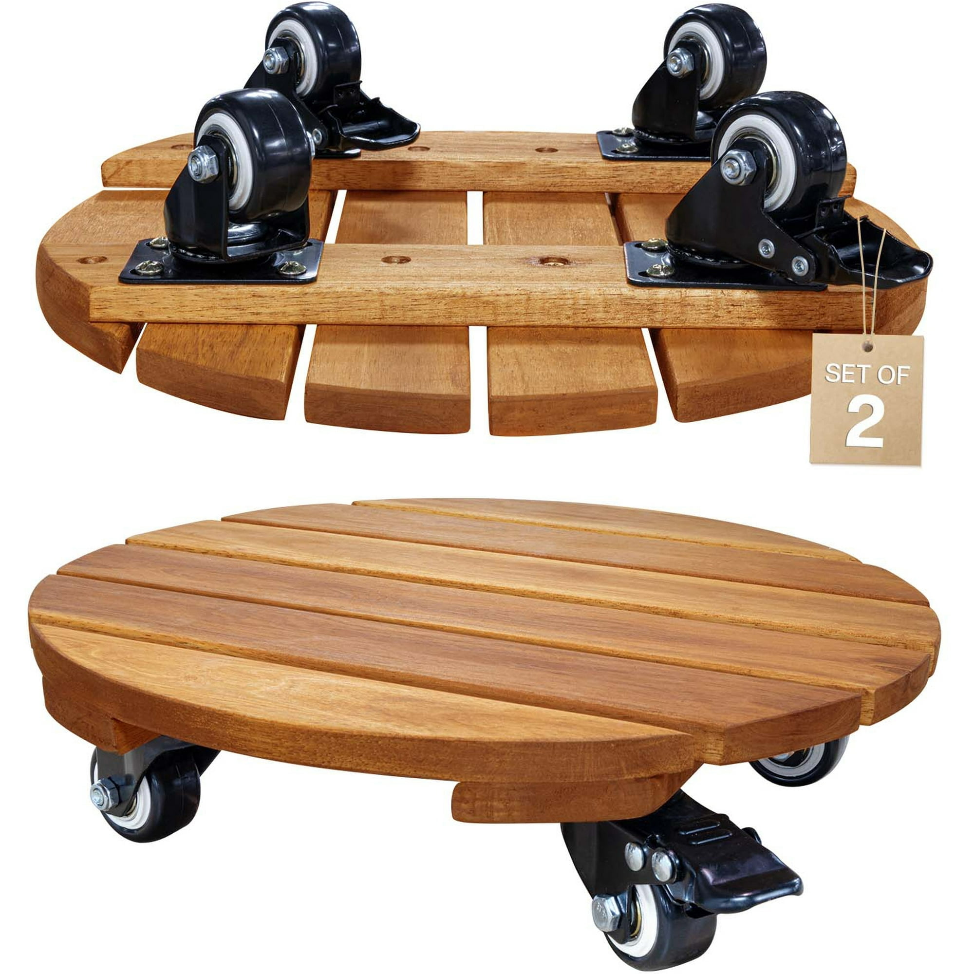 12-Inch Natural Acacia Wood Plant Caddy with Lockable Wheels, Set of 2