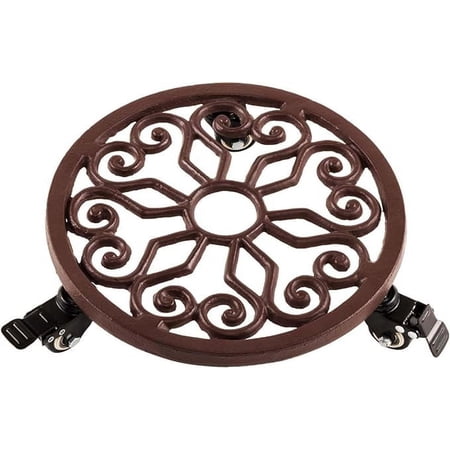 Round Cast Iron Plant Caddy 12 in. with 360° Lockable Wheels, Weight Capacity 380lbs, Flora Pattern, 4 Wheels, Indoor & Outdoor