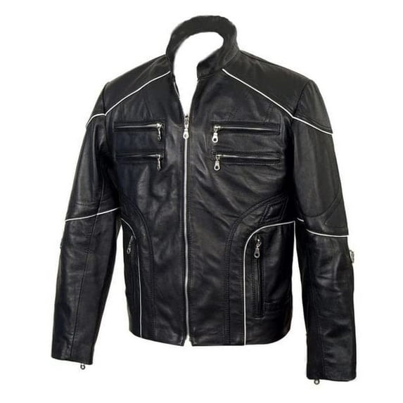IDesigner Racer Piping Leather Jacket Six Pocket Black Leather Zipper Style For Mens